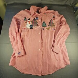 Karen Scott Red Gingham Christmas Snowman Embroidered Button Up Shirt Large